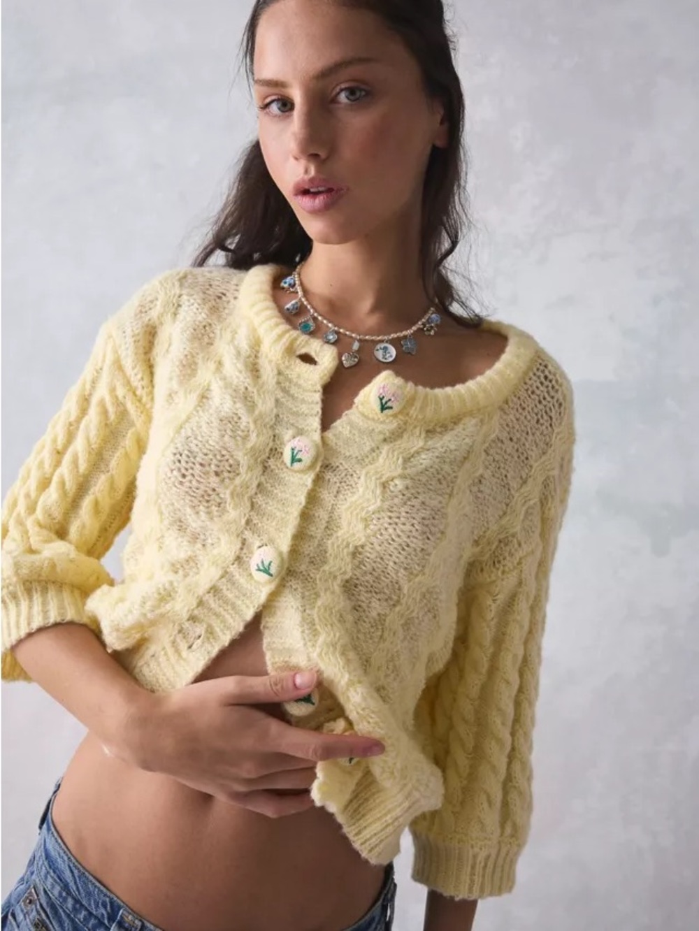 UO Kimchi Blue Maye Floral Button,Short Yellow Cable Knit Cardigan Size:Small - Picture 1 of 10